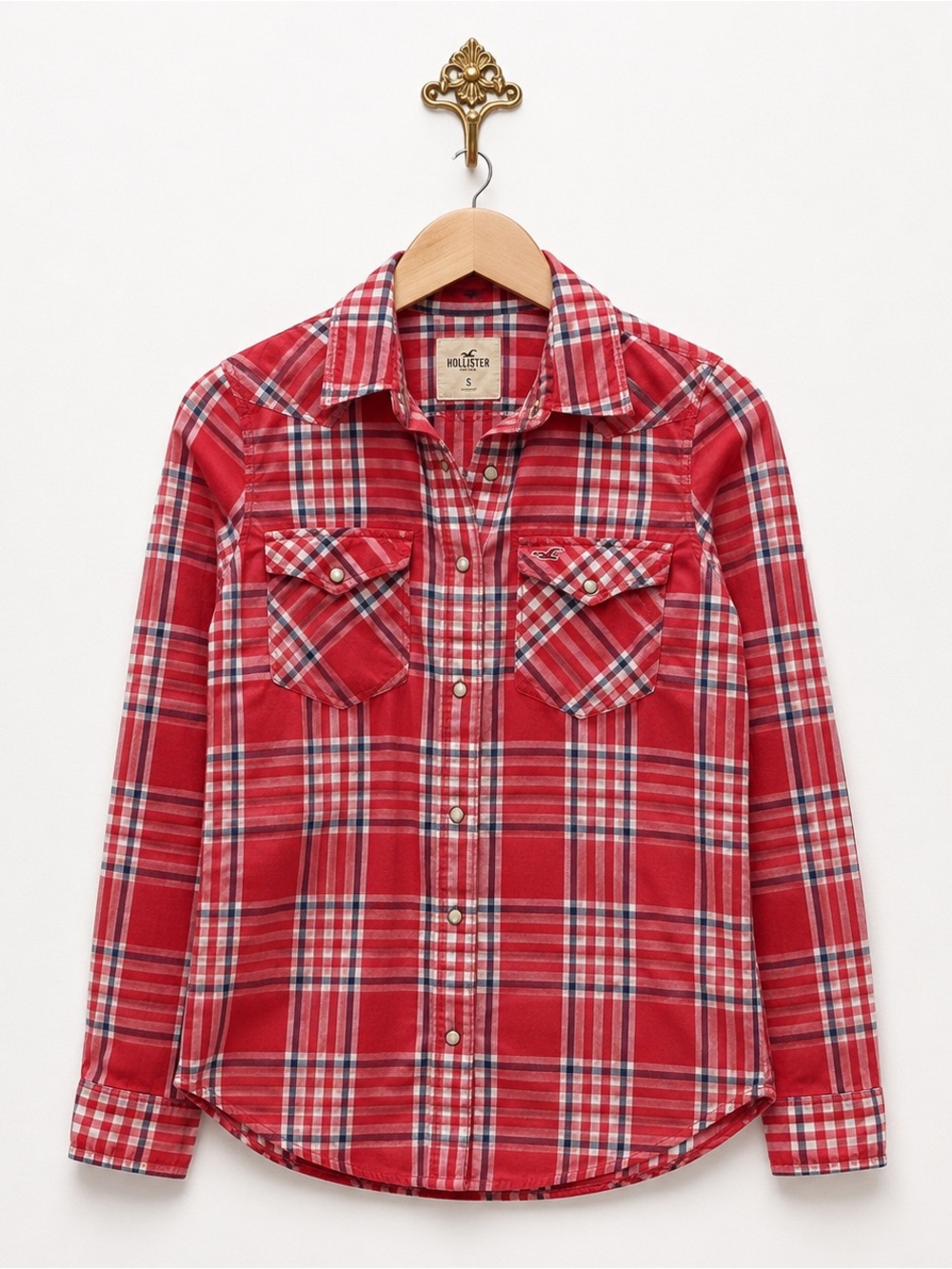 Hollister plaid pearl snaps button down collar polo shirt blouse S